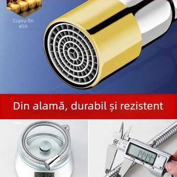Extensie a gurii robinetului cu protecție la stropire – rotire la 360°, oțel inox, disc ceramic ventile (Model Aerator; pentru bucătărie; construcție simplă)