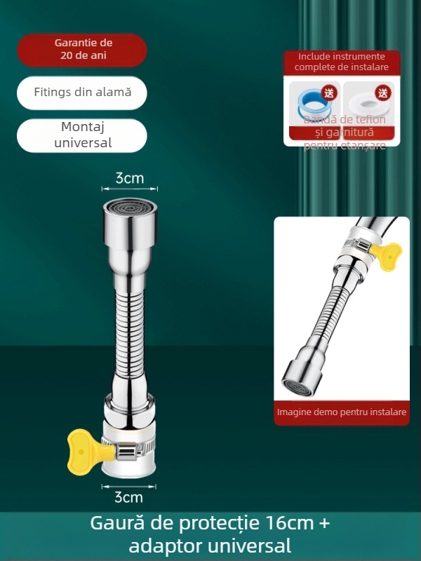 Extensie a gurii robinetului cu protecție la stropire – rotire la 360°, oțel inox, disc ceramic ventile (Model Aerator; pentru bucătărie; construcție simplă)