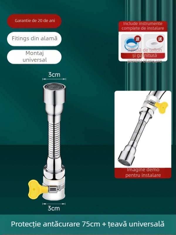 Extensie a gurii robinetului cu protecție la stropire – rotire la 360°, oțel inox, disc ceramic ventile (Model Aerator; pentru bucătărie; construcție simplă)