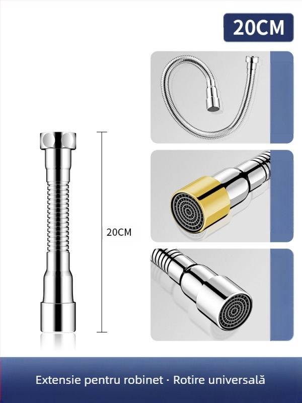 Extensie a gurii robinetului cu protecție la stropire – rotire la 360°, oțel inox, disc ceramic ventile (Model Aerator; pentru bucătărie; construcție simplă)