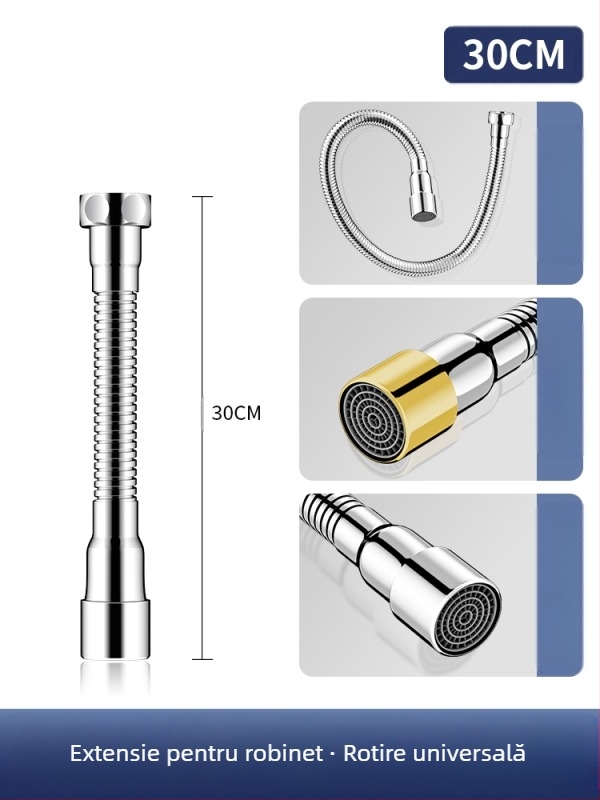 Extensie a gurii robinetului cu protecție la stropire – rotire la 360°, oțel inox, disc ceramic ventile (Model Aerator; pentru bucătărie; construcție simplă)
