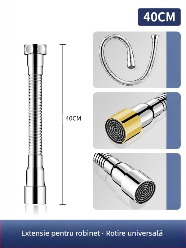 Extensie a gurii robinetului cu protecție la stropire – rotire la 360°, oțel inox, disc ceramic ventile (Model Aerator; pentru bucătărie; construcție simplă)