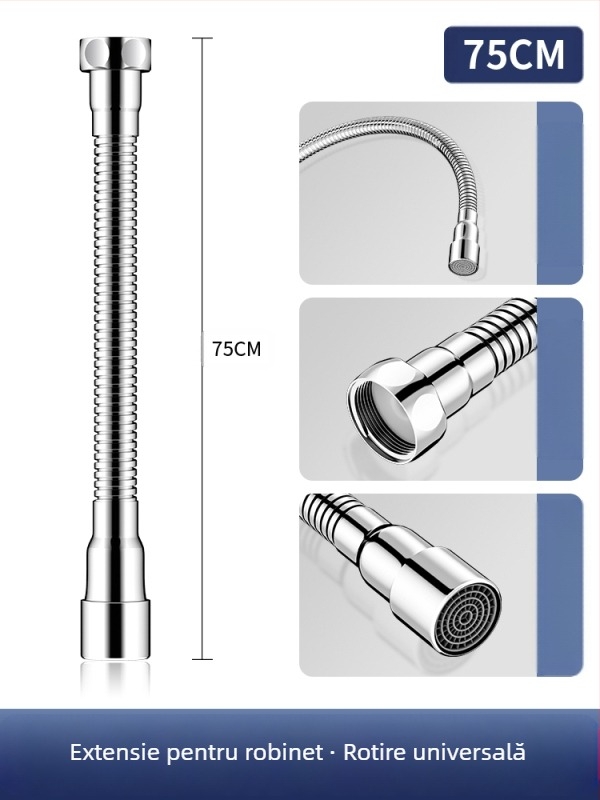Extensie a gurii robinetului cu protecție la stropire – rotire la 360°, oțel inox, disc ceramic ventile (Model Aerator; pentru bucătărie; construcție simplă)