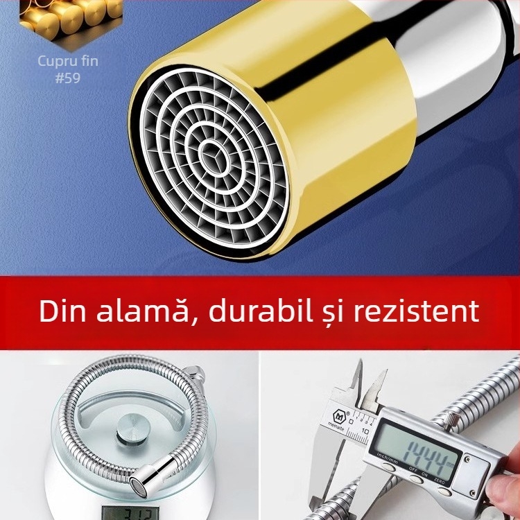 Extensie a gurii robinetului cu protecție la stropire – rotire la 360°, oțel inox, disc ceramic ventile (Model Aerator; pentru bucătărie; construcție simplă)