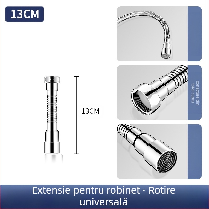 Extensie a gurii robinetului cu protecție la stropire – rotire la 360°, oțel inox, disc ceramic ventile (Model Aerator; pentru bucătărie; construcție simplă)