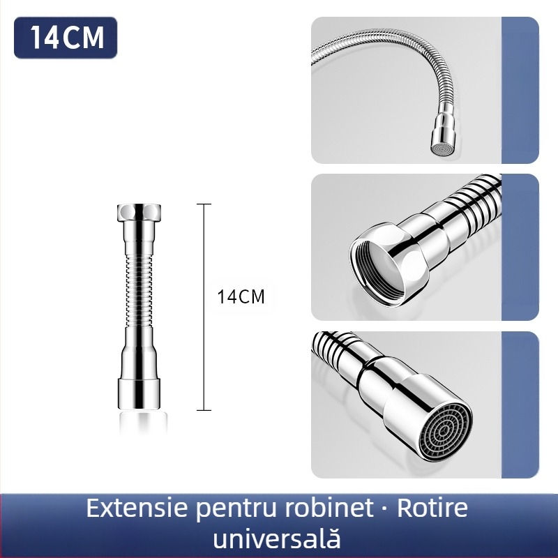 Extensie a gurii robinetului cu protecție la stropire – rotire la 360°, oțel inox, disc ceramic ventile (Model Aerator; pentru bucătărie; construcție simplă)