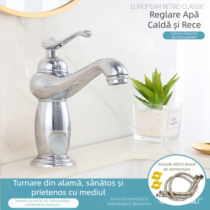 Robinet pentru chiuvetă stil european, corp din cupru, miez ceramic al valvei, intrare/ieșire 8 mm, acționare prin ridicare