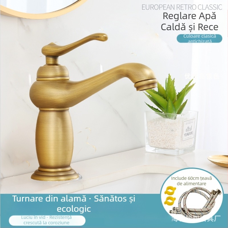 Robinet pentru chiuvetă stil european, corp din cupru, miez ceramic al valvei, intrare/ieșire 8 mm, acționare prin ridicare
