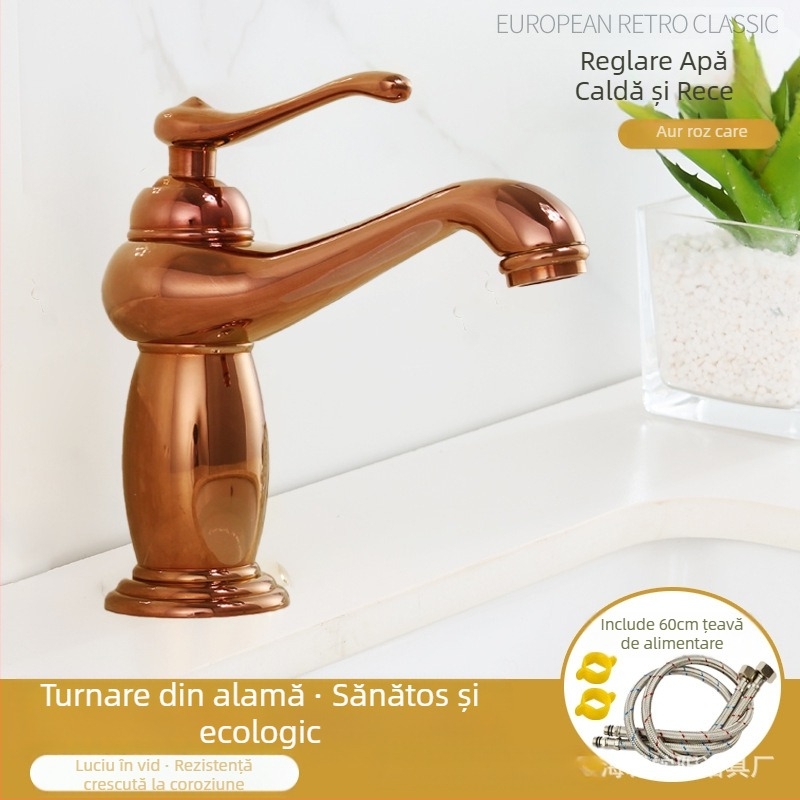Robinet pentru chiuvetă stil european, corp din cupru, miez ceramic al valvei, intrare/ieșire 8 mm, acționare prin ridicare