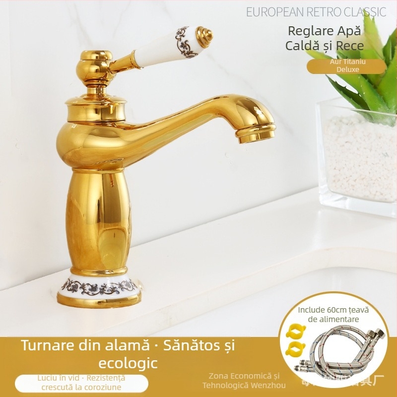 Robinet pentru chiuvetă stil european, corp din cupru, miez ceramic al valvei, intrare/ieșire 8 mm, acționare prin ridicare