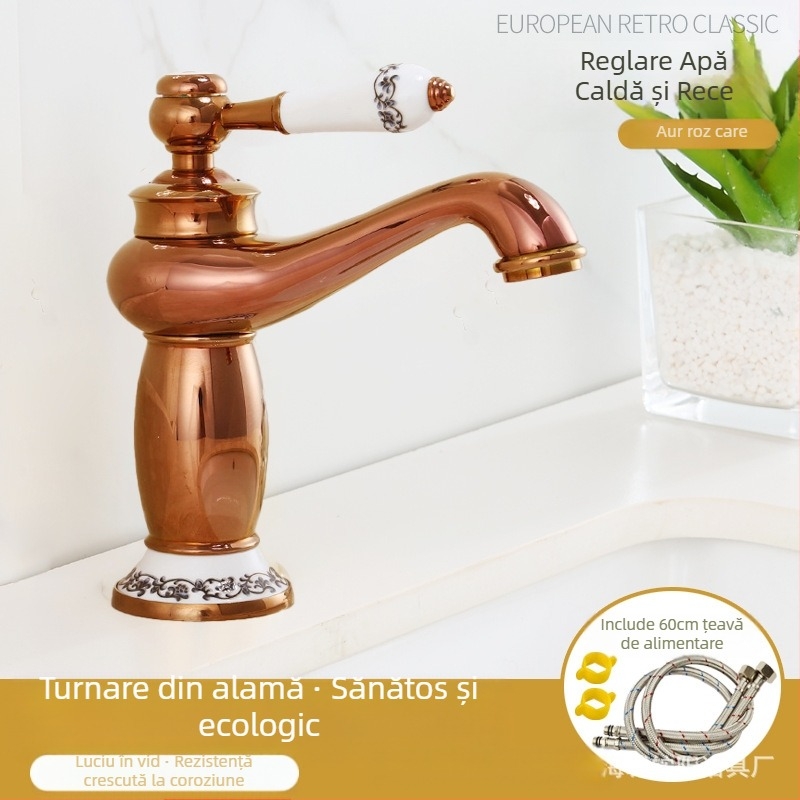 Robinet pentru chiuvetă stil european, corp din cupru, miez ceramic al valvei, intrare/ieșire 8 mm, acționare prin ridicare