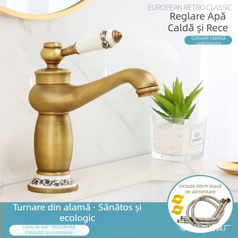 Robinet pentru chiuvetă stil european, corp din cupru, miez ceramic al valvei, intrare/ieșire 8 mm, acționare prin ridicare