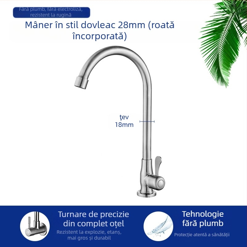 Robinet bucătărie chiuvetă 8072, oțel inoxidabil, montaj filet, cartuș ceramic, flux rece unic, cap rotativ