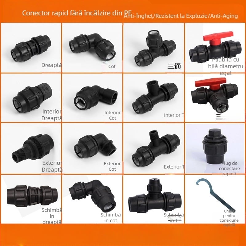 Fitinguri PE pentru conducte cu conectare rapidă, Tee, cotă, îmbinare și robinet; material PE; grosimea pereților 3,0 mm; clasă 80
