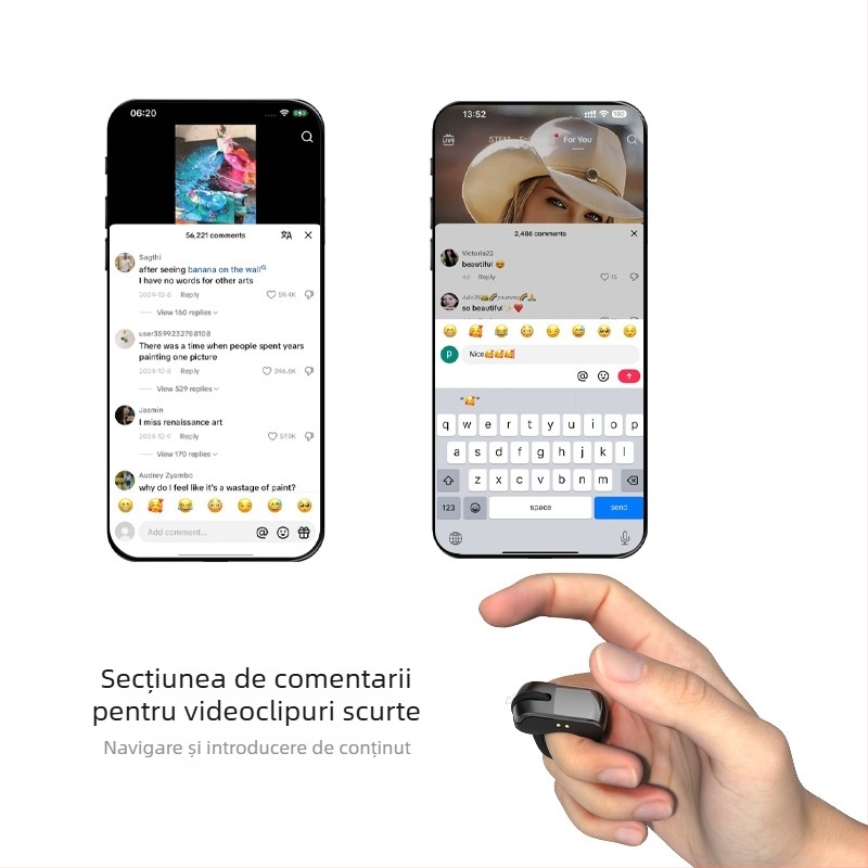 Inel Bluetooth wireless pentru telefon – Selfie, derulare pagini, like și comentarii; 2.4G/BT, rază 10 m, Type-C, ABS, model D06, compatibil Android, Apple, Microsoft