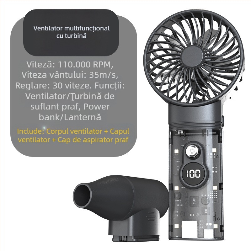 Ventilator turbina de mână, motor fără perii, baterie încorporată 4000 mAh, reglare fără trepte a vitezei, zgomot 37–45 dB, autonomie baterie 1–3 ore