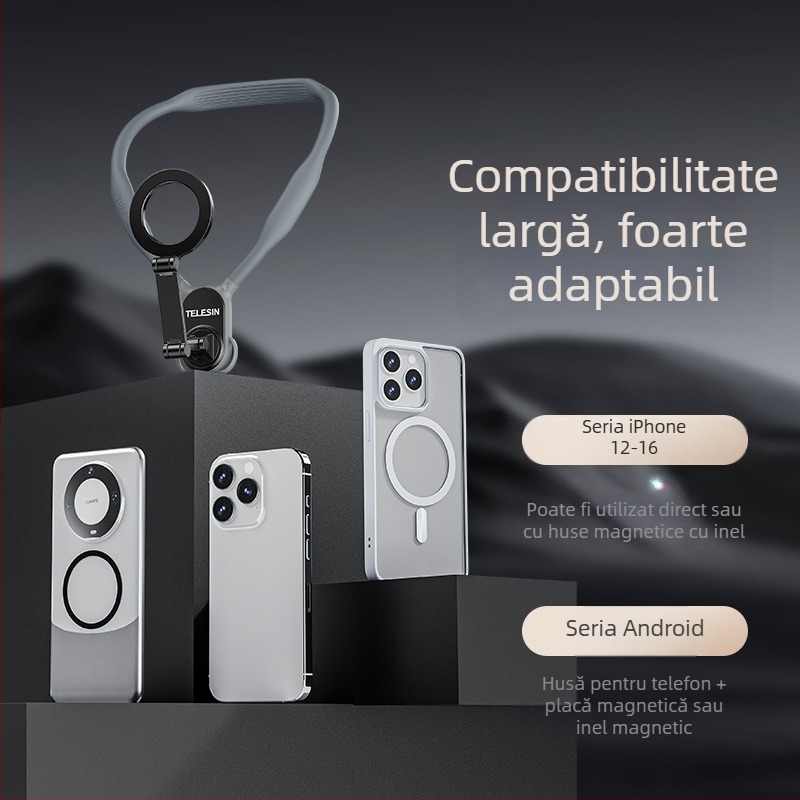 TELESIN suport magnetic MagSafe pentru telefon pe gât – universal pentru toate telefoanele, materiale: silicon+ABS+metal, FPV live streaming și fotografie
