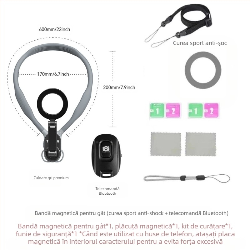 TELESIN suport magnetic MagSafe pentru telefon pe gât – universal pentru toate telefoanele, materiale: silicon+ABS+metal, FPV live streaming și fotografie