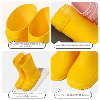 Ghete de ploaie pentru copii PVC impermeabile, anti-derapare, talpă moale, toc mic 1–3 cm
