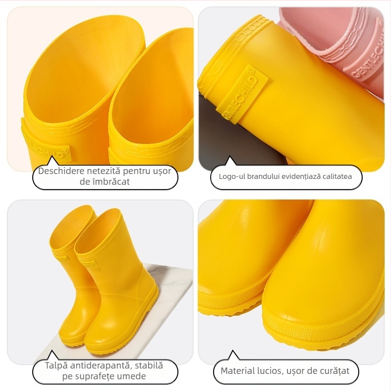 Ghete de ploaie pentru copii PVC impermeabile, anti-derapare, talpă moale, toc mic 1–3 cm