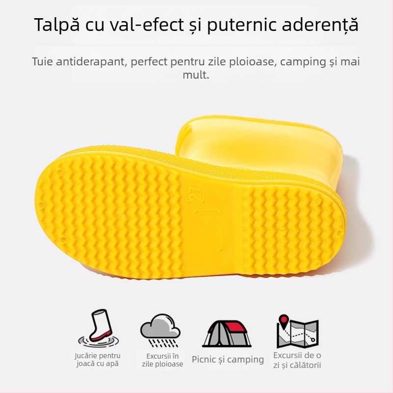 Ghete de ploaie pentru copii PVC impermeabile, anti-derapare, talpă moale, toc mic 1–3 cm