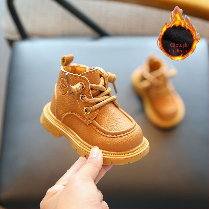 Botini unisex pentru copii, exterior din piele artificială, talpă PVC, fermoar lateral, înălțime joasă, pentru 1–3 ani, iarnă/toamnă/primăvară, anti-derapare, branț textil, stil britanic