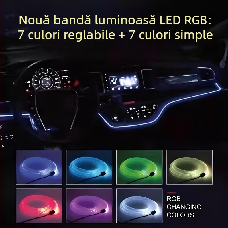 Lumină ambientală pentru interiorul automobilului, RGB, cu șapte culori, controlată prin aplicație, culoare reglabilă, montaj fără deteriorări