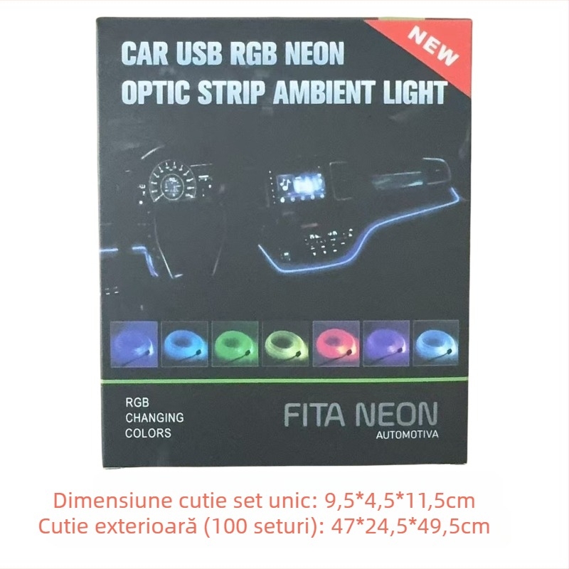 Lumină ambientală pentru interiorul automobilului, RGB, cu șapte culori, controlată prin aplicație, culoare reglabilă, montaj fără deteriorări