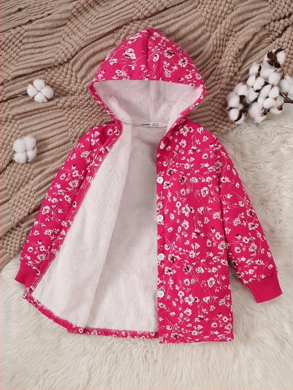 Jachetă pentru fete, cu glugă din fleece, imprimeu floral, poliester, lungime medie