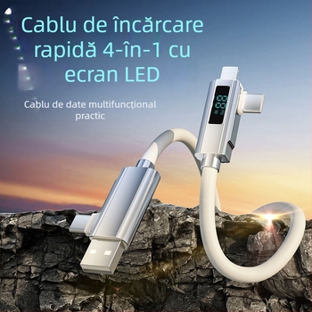 Cablu de date 4 în 1 cu afișaj digital, încărcare rapidă PD27W, aliaj de zinc + silicon, conectori Lightning, Micro USB și USB-C