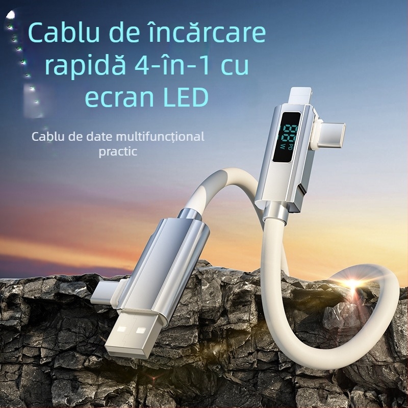 Cablu de date 4 în 1 cu afișaj digital, încărcare rapidă PD27W, aliaj de zinc + silicon, conectori Lightning, Micro USB și USB-C