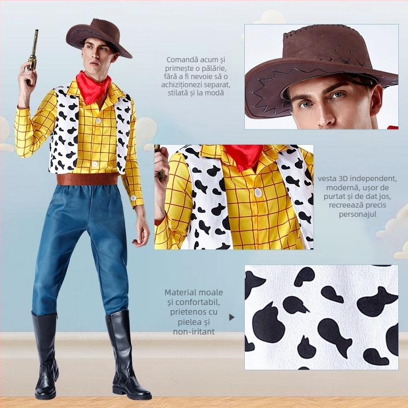 Costum Woody pentru spectacol de familie – pentru adulți și copii, denim street fashion, material Spandex/Nylon, conținut principal <30%, conținut secundar 30–50%, primăvara 2023