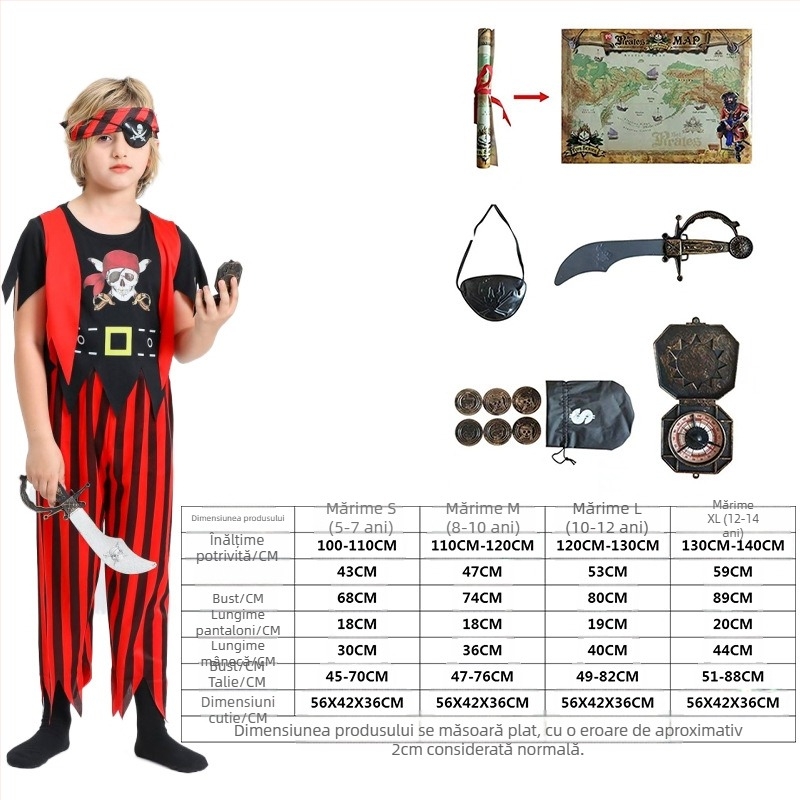 Costum de pirat pentru copii pentru Halloween – Unisex, țesătură tricotată din poliester cu Spandex, 70–80% poliester, Spandex sub 30%, potrivit pentru copii sub 17 ani, costum de scenă