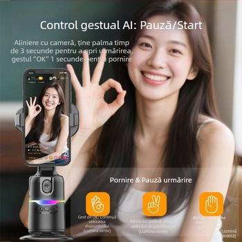 Gimbal pentru telefon cu urmărire automată și rotire la 360° — fără montaj, greutate 290 g, garanție 1 an