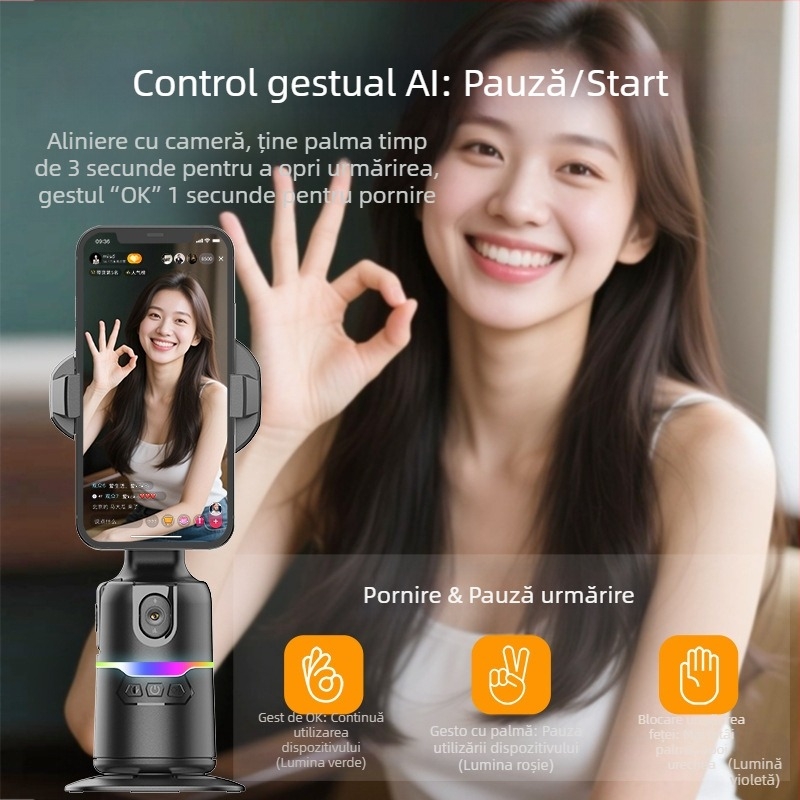 Gimbal pentru telefon cu urmărire automată și rotire la 360° — fără montaj, greutate 290 g, garanție 1 an