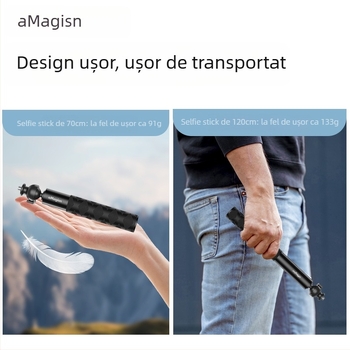 Baston selfie extensibil cu cap de bilă pentru camere sportive – aliaj de aluminiu + oțel inoxidabil; Compatibil Insta360, DJI, GoPro; Brand Amagisn Amy