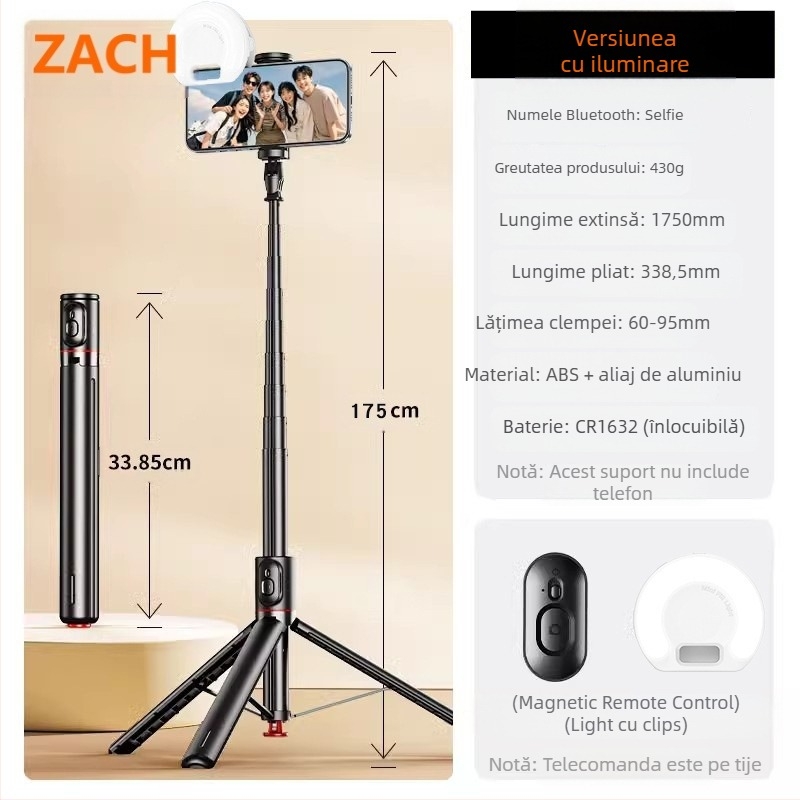 Trepied pentru fotografie i video, aliaj ABS + aluminiu, stabilizare imagine, lumină de umplere încorporată, Bluetooth, telecomandă