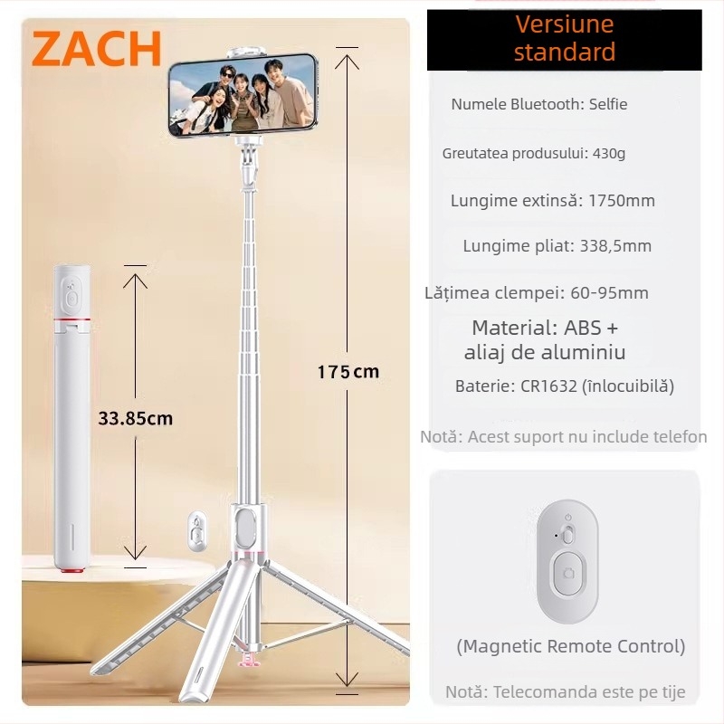 Trepied pentru fotografie i video, aliaj ABS + aluminiu, stabilizare imagine, lumină de umplere încorporată, Bluetooth, telecomandă