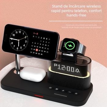Încărcător wireless magnetic Qi2 3-în-1 pentru seria iPhone 12–15 și Apple Watch, încărcător de birou 25W, ieșire 15W pentru telefon, 5W pentru căști, 3W pentru ceas, QC4.0