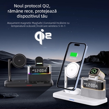 Încărcător wireless magnetic Qi2 3-în-1 pentru seria iPhone 12–15 și Apple Watch, încărcător de birou 25W, ieșire 15W pentru telefon, 5W pentru căști, 3W pentru ceas, QC4.0