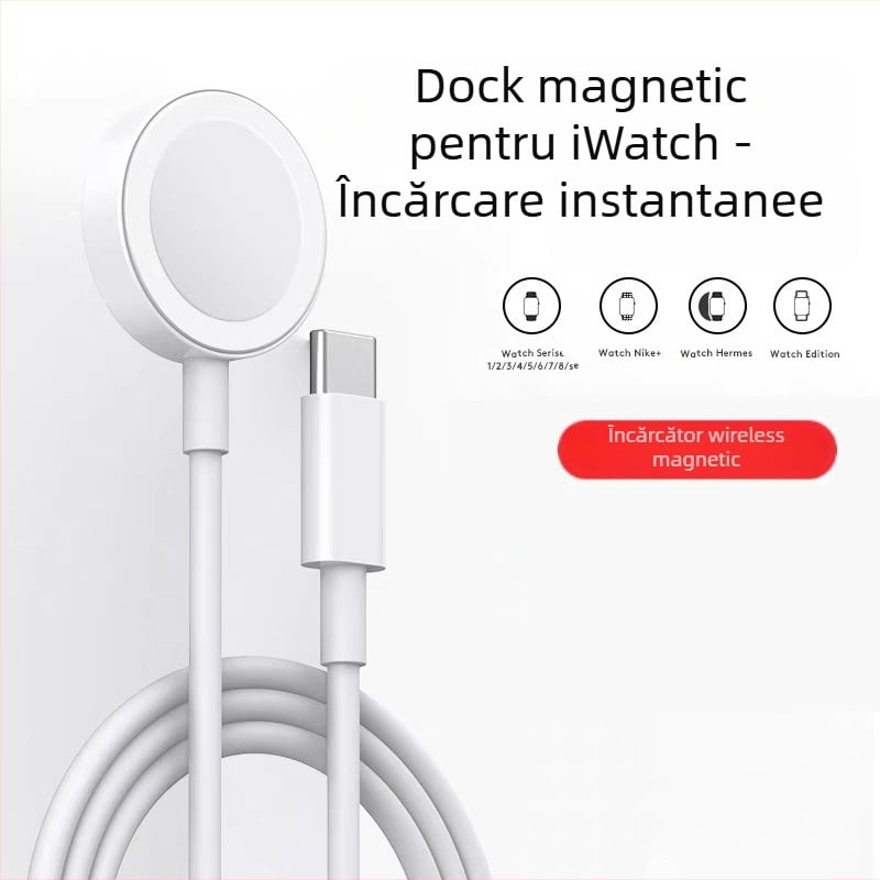 Bază de încărcare magnetică pentru Apple Watch cu port C - Încărcare PD; Încărcare magnetică; Putere de ieșire 2,5–5 W; Staționare încărcare; Compatibil cu Apple Watch Series