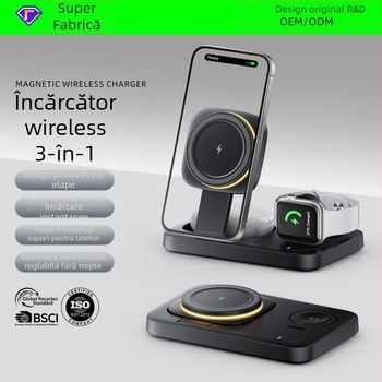 Încărcător wireless 3 în 1 cu suport magnetic pliat pentru iPhone – design telescopic, până la 15W, QC3.0