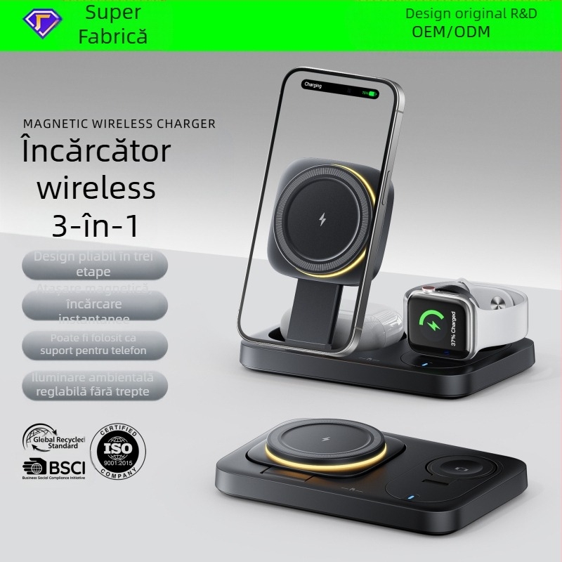 Încărcător wireless 3 în 1 cu suport magnetic pliat pentru iPhone – design telescopic, până la 15W, QC3.0