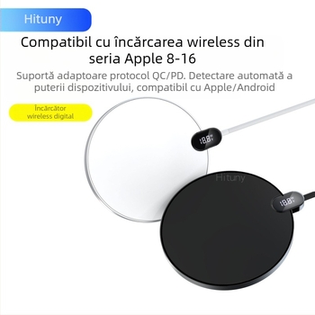 Încărcător wireless cu afișaj digital, încărcare rapidă PD de 15W, cablu împletit de 1,2 m, compatibil cu dispozitive Apple și Android pentru încărcare wireless