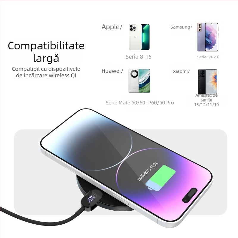 Încărcător wireless cu afișaj digital, încărcare rapidă PD de 15W, cablu împletit de 1,2 m, compatibil cu dispozitive Apple și Android pentru încărcare wireless
