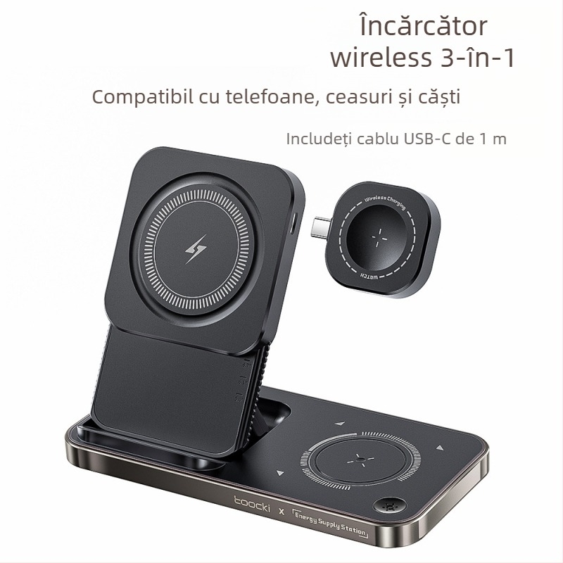 Toocki încărcător wireless de birou 3 în 1, 15W, cu protocol PD și încărcare magnetică, pentru căști Bluetooth și seria iPhone 15