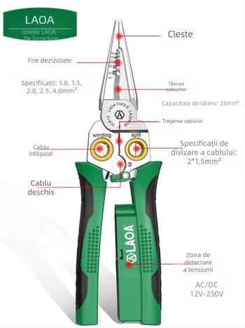 clește electric 8 în 1 cu funcție de testare a tensiunii, decapare cabluri, tăiere fire, sertizare