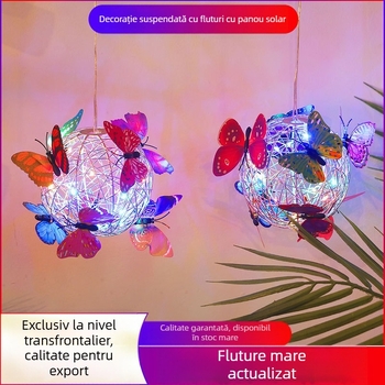 Lampă LED solară pentru atârnat pe copac, cu formă de sferă și design fluture din sârmă de aluminiu, pentru grădină exterioară; IP65, sursă LED, 1W, 6–12h, viață 50.000h