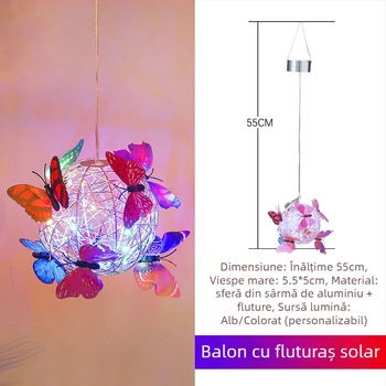 Lampă LED solară pentru atârnat pe copac, cu formă de sferă și design fluture din sârmă de aluminiu, pentru grădină exterioară; IP65, sursă LED, 1W, 6–12h, viață 50.000h