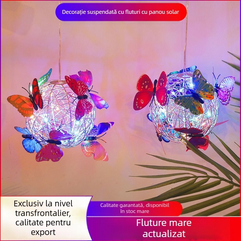 Lampă LED solară pentru atârnat pe copac, cu formă de sferă și design fluture din sârmă de aluminiu, pentru grădină exterioară; IP65, sursă LED, 1W, 6–12h, viață 50.000h